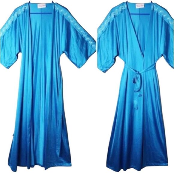 VTG 70s VF Teal Paisley Embroidered Wide Sleeve Long Nylon Robe Small - Picture 10 of 17